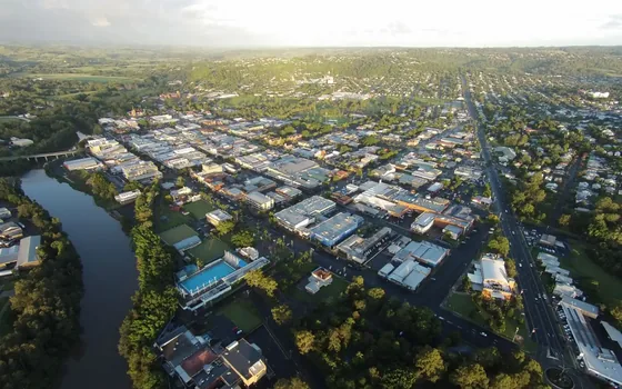Aerial view over Lismore and the Wilsons River